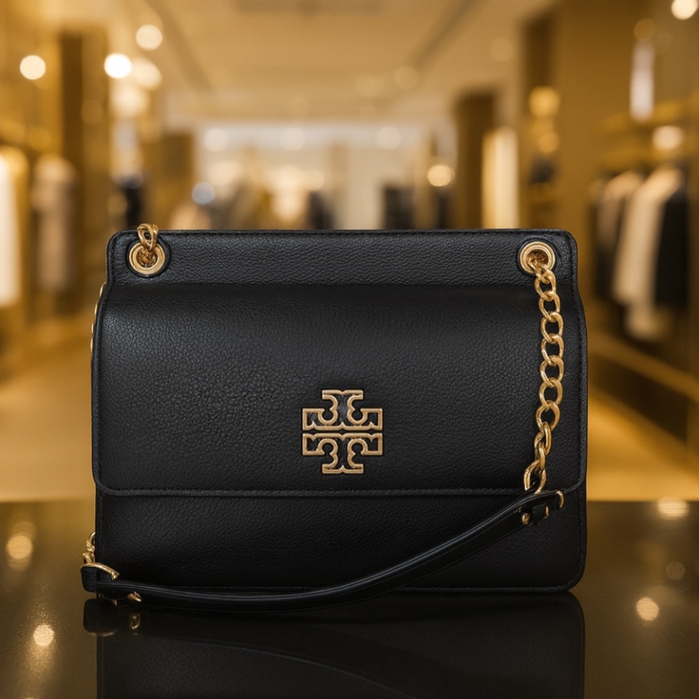 NEW Tory Burch Britten Black Leather Flap Convertible Shoulder Bag/Crossbody Bag